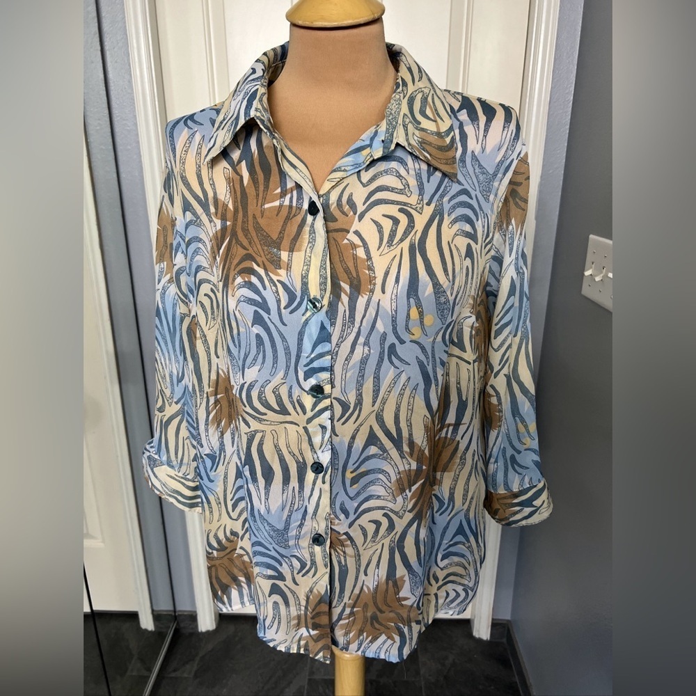 Cathy Che Womens Blue Tan Abstract Tropical Zebra Print Button Down Blouse L